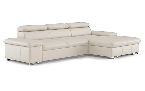 CAVADORE Leder-Schlafsofa Valerie mit XL-Longchair / Eckcouch mit Schlaffunktion, Kopfteilverstellung + großem Longchair / 286 x 73 x 174 / Echtleder Weiß von CAVADORE