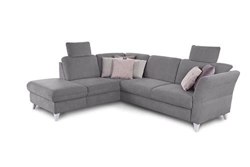 CAVADORE Schlafsofa Trend / Skandinavische Eckcouch mit Federkern, Bettfunktion, Stauraum in der Ottomane und 2 Kopfstützen / 249 x 86 x 162 / Chenille, Grau von CAVADORE