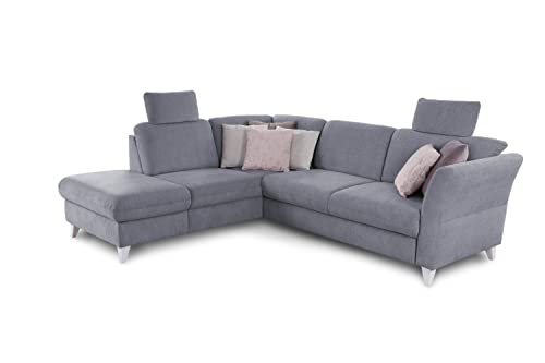 CAVADORE Schlafsofa Trend / Skandinavische Eckcouch mit Federkern, Bettfunktion, Stauraum in der Ottomane und 2 Kopfstützen / 249 x 86 x 162 / Chenille, Hellblau von CAVADORE