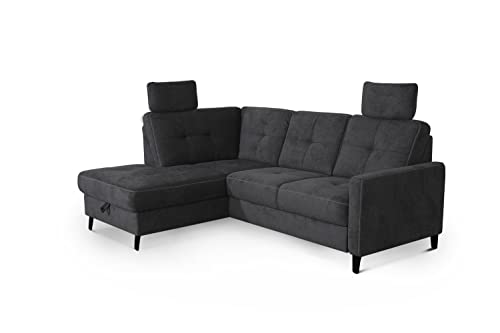 CAVADORE Schlafsofa Vera mit Federkern / Kompaktes Ecksofa inkl. Bett, Bettkasten und 2 Kopfstützen, ideal für kleine Räume / 219 x 91 x 170 / Webstoff mit Ziernaht, Schwarz von CAVADORE