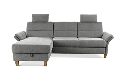 CAVADORE Schlafsofa Wyk mit Federkern / Ecksofa im Landhaus-Stil mit Longchair, Bett, Bettkasten, Armteilfunktion + 2 Kopfstützen / 252 x 90 x 162 / Chenille, Grau von CAVADORE