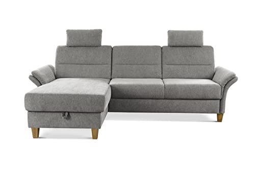 CAVADORE Schlafsofa Wyk mit Federkern / Ecksofa im Landhaus-Stil mit Longchair, Bett, Bettkasten, Armteilfunktion + 2 Kopfstützen / 252 x 90 x 162 / Chenille, Hellgrau von CAVADORE