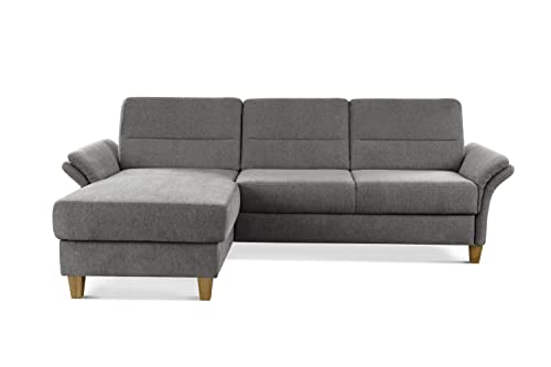 CAVADORE Schlafsofa Wyk mit Federkern / Ecksofa im Landhaus-Stil mit Longchair, Bett, Bettkasten + Armteilfunktion / 252 x 90 x 162 / Chenille, Grau von CAVADORE