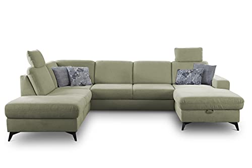 CAVADORE U-Form Lotta / Skandinavische Wohnlandschaft mit Federkern und 2 Kopfstützen / leichte Fleckentfernung dank Soft Clean / 303 x 88 x 212 / Grün CAVADORE U-Form Lotta / Skandinavische Wohnlandschaft mit Federkern und 2 Kopfstützen / leichte Fleckentfernung dank Soft Clean / 303 x 88 x 212 / Grün von CAVADORE