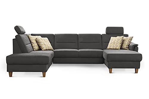 CAVADORE U-Form-Sofa Palera / Federkern-Wohnlandschaft mit 2 Kopfstützen / 314 x 89 x 212 / Mikrofaser, Grau von CAVADORE