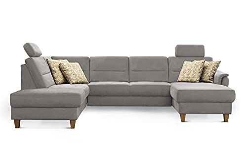 CAVADORE U-Form-Sofa Palera / Federkern-Wohnlandschaft mit 2 Kopfstützen / 314 x 89 x 212 / Mikrofaser, Hellgrau von CAVADORE