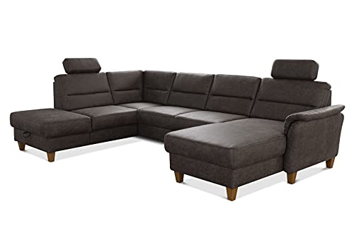 CAVADORE U-Form-Sofa Palera / Federkern-Wohnlandschaft mit 2 Kopfstützen / 314 x 89 x 212 / Mikrofaser in Lederoptik, Braun von CAVADORE