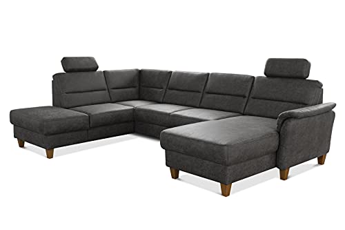 CAVADORE U-Form-Sofa Palera / Federkern-Wohnlandschaft mit 2 Kopfstützen / 314 x 89 x 212 / Mikrofaser in Lederoptik, Dunkelgrau von CAVADORE