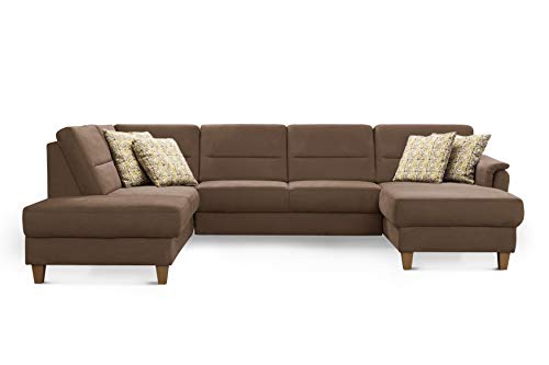 CAVADORE U-Form-Sofa Palera / Wohnlandschaft mit Schlaffunktion, Stauraum und Federkern / 314 x 89 x 212 / Mikrofaser, Hellbraun von CAVADORE