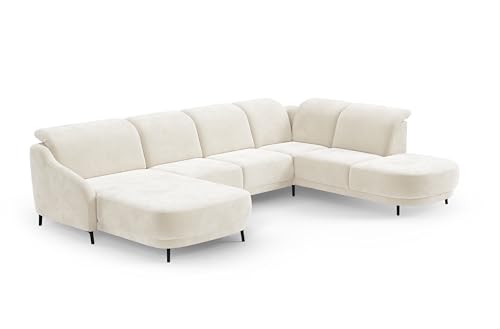 CAVADORE Wohnlandschaft Blue/Sofalandschaft mit Longchair im modernen Design, Inkl. Kopfteilverstellung, Vorziehsitz motorisch und mattschwarzen Metallfüßen / 356 x 93 x 249 / Mikrofaser, Naturweiß von CAVADORE