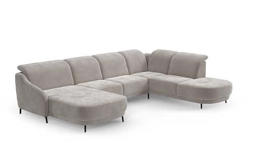 CAVADORE Wohnlandschaft Blue, Sofalandschaft mit Longchair im modernen Design, inkl. kopfteilverstellung, Vorziehsitz motorisch, Klapptisch, mattschwarzen Metallfüßen, Mikrofaser, Hellgrau von CAVADORE