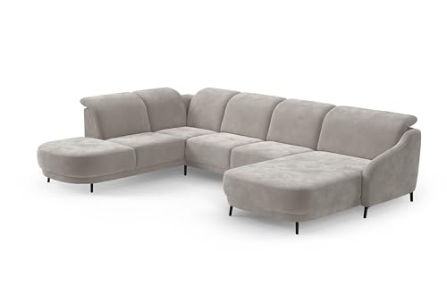 CAVADORE Wohnlandschaft Blue/Sofalandschaft mit Longchair im modernen Design, inklusiv Kopfteilverstellung und mattschwarzen Metallfüßen / 356 x93 x 249 / Mikrofaser, Hellgrau von CAVADORE