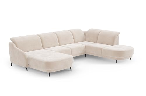 CAVADORE Wohnlandschaft Blue, Sofalandschaft mit Longchair im modernen Design, inkl. kopfteilverstellung, Vorziehsitz motorisch, Klapptisch, mattschwarzen Metallfüßen, Mikrofaser, Beige von CAVADORE