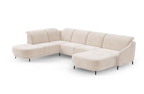 CAVADORE Wohnlandschaft Blue/Sofalandschaft mit Longchair im modernen Design, inklusiv Kopfteilverstellung und mattschwarzen Metallfüßen / 356 x93 x 249 / Mikrofaser, Beige von CAVADORE