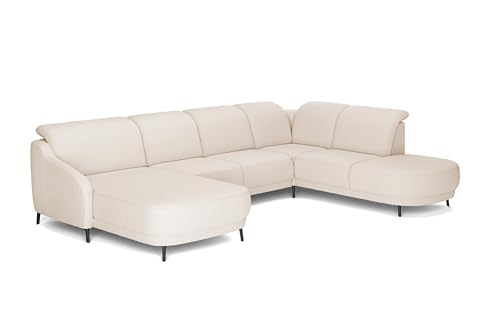 CAVADORE Wohnlandschaft Blue, Sofalandschaft mit Longchair im modernen Design, inkl. kopfteilverstellung, Vorziehsitz motorisch, Klapptisch, USB-Anschluss, mattschwarzen Metallfüßen, Flachgewebe von CAVADORE