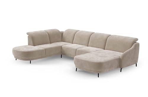 CAVADORE Wohnlandschaft Blue/Sofalandschaft mit Longchair im modernen Design, inklusiv Kopfteilverstellung und mattschwarzen Metallfüßen / 356 x93 x 249 / Flachgewebe, Beige von CAVADORE