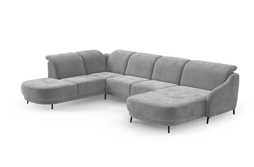 CAVADORE Wohnlandschaft Blue, Sofalandschaft mit Longchair im modernen Design, inkl. kopfteilverstellung, Vorziehsitz motorisch, Klapptisch, mattschwarzen Metallfüßen, Mikrofaser, Mittelgrau von CAVADORE