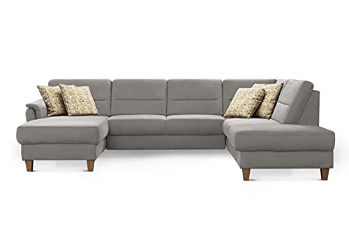 CAVADORE Wohnlandschaft Palera / Federkern-Sofa in U-Form im Landhausstil / 314 x 89 x 212 / Mikrofaser-Bezug, Hellgrau von CAVADORE