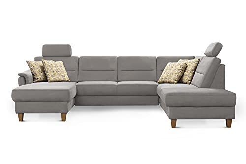 CAVADORE Wohnlandschaft Palera / Federkern-Sofa in U-Form mit 2 Kopfstützen / 314 x 89 x 212 / Mikrofaser, Hellgrau von CAVADORE