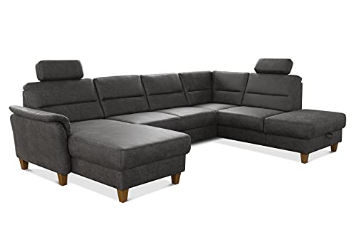 CAVADORE Wohnlandschaft Palera / Federkern-Sofa in U-Form mit 2 Kopfstützen / 314 x 89 x 212 / Mikrofaser in Lederoptik, Dunkelgrau von CAVADORE