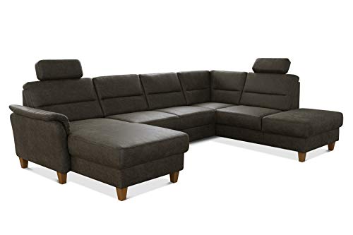 CAVADORE Wohnlandschaft Palera / Federkern-Sofa in U-Form mit 2 Kopfstützen / 314 x 89 x 212 / Mikrofaser in Lederoptik, Oliv von CAVADORE
