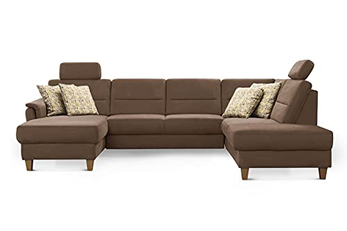 CAVADORE Wohnlandschaft Palera / U-Form Federkern-Sofa mit Schlaffunktion, Stauraum und 2 Kopfstützen / 314 x 89 x 212 / Mikrofaser, Hellbraun von CAVADORE