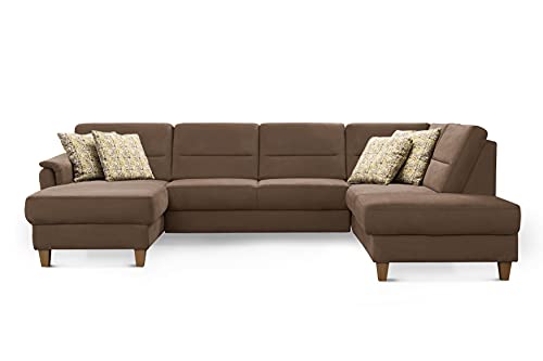 CAVADORE Wohnlandschaft Palera / U-Form Sofa mit Schlaffunktion, Stauraum und Federkern / 314 x 89 x 212 / Mikrofaser, Hellbraun von CAVADORE