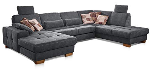 CAVADORE Wohnlandschaft Puccino mit Federkern, Bettfunktion, Sitztiefenverstellung und 2 Kopfstützen / Sofa in U-Form im Landhausstil / 340 x 86 x 224 cm / Mikrofaser grau von CAVADORE