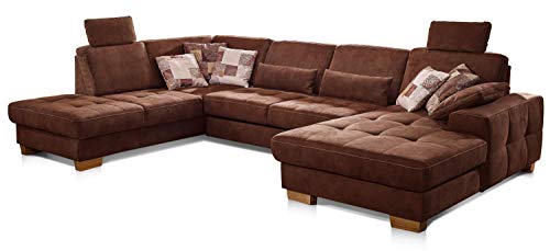 CAVADORE Wohnlandschaft Puccino mit Federkern, Schlaffunktion, verstellbarer Rückenlehne und 2 Kopfstützen / Sofalandschaft in U-Form im Landhaus-Design / 340 x 86 x 224 cm / Mikrofaser braun von CAVADORE