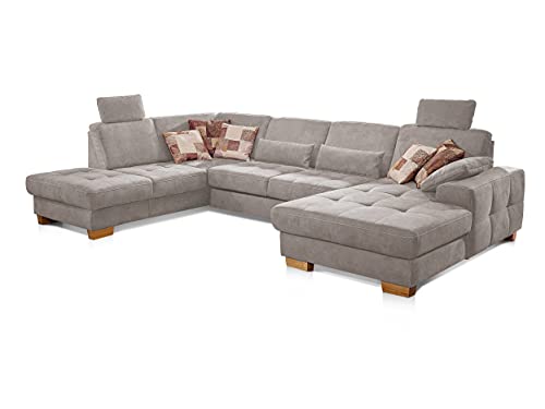 CAVADORE Wohnlandschaft Puccino mit Federkern, Sitztiefenverstellung und 2 Kopfstützen / Sofa in U-Form im Landhausstil / 340 x 86 x 224 cm / Mikrofaser Hellgrau von CAVADORE
