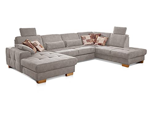 CAVADORE Wohnlandschaft Puccino mit Federkern, Sitztiefenverstellung und 2 Kopfstützen / Sofa in U-Form im Landhausstil / 340 x 86 x 224 cm / Mikrofaser Hellgrau von CAVADORE