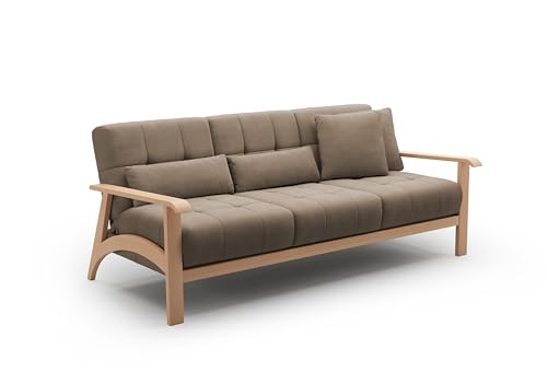 Cavadore 3er-Sofa Billan / 3-Sitzer Schlafsofa im skandinavischen Design mit Bett und massivem Holzgestell in Buche / 199 x 88 x 106 / Flachgewebe, Braun von CAVADORE