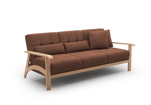 Cavadore 3er-Sofa Billan / 3-Sitzer Schlafsofa im skandinavischen Design mit Bett und massivem Holzgestell in Buche / 199 x 88 x 106 / Mehrfarbiger Strukturstoff, Rot-Braun von CAVADORE