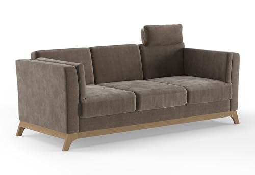 Cavadore 3er-Sofa Vida / 3-Sitzer Couch im trendigen Design mit massivem Holzrahmen in Buche, Kopfstütze mit Kuschelkissen / 213 x 84 x 93 / Mikrofaser, Graubraun von CAVADORE