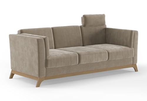 Cavadore 3er-Sofa Vida / 3-Sitzer Couch im trendigen Design mit massivem Holzrahmen in Buche, Kopfstütze mit Kuschelkissen / 213 x 84 x 93 / Mikrofaser, Perlbeige von CAVADORE