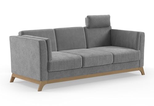 Cavadore 3er-Sofa Vida / 3-Sitzer Couch im trendigen Design mit massivem Holzrahmen in Eiche, Kopfstütze mit Kuschelkissen / 213 x 84 x 93 / Chenille, Grau von CAVADORE