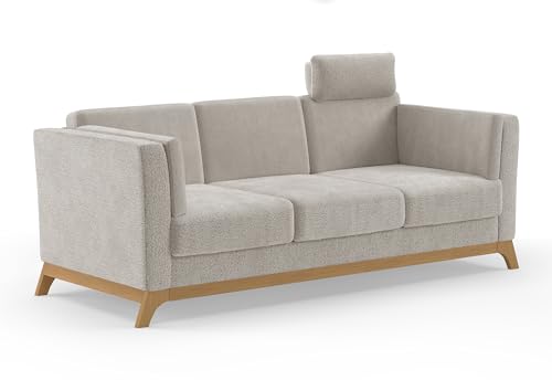 Cavadore 3er-Sofa Vida / 3-Sitzer Couch im trendigen Design mit massivem Holzrahmen in Eiche, Kopfstütze mit Kuschelkissen / 213 x 84 x 93 / Chenille, Naturweiß von CAVADORE