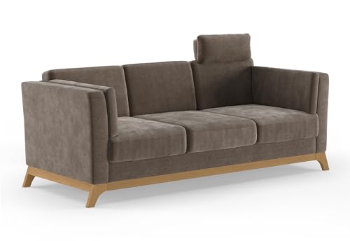 Cavadore 3er-Sofa Vida / 3-Sitzer Couch im trendigen Design mit massivem Holzrahmen in Eiche, Kopfstütze mit Kuschelkissen / 213 x 84 x 93 / Mikrofaser, Graubraun von CAVADORE