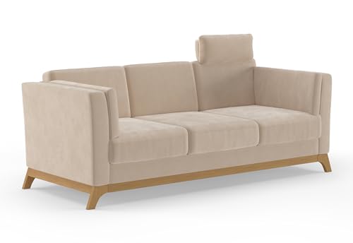 Cavadore 3er-Sofa Vida / 3-Sitzer Couch im trendigen Design mit massivem Holzrahmen in Eiche, Kopfstütze mit Kuschelkissen / 213 x 84 x 93 / Mikrofaser, Hellbraun-Beige von CAVADORE