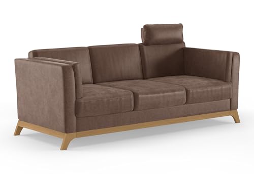 Cavadore 3er-Sofa Vida / 3-Sitzer Couch im trendigen Design mit massivem Holzrahmen in Eiche, Kopfstütze mit Kuschelkissen / 213 x 84 x 93 / Mikrofaser, Hellbraun von CAVADORE