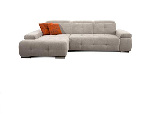 CAVADORE Ecksofa Mistrel mit Longchair XL links / Große Eck-Couch im modernen Design / Inkl. verstellbaren Kopfteilen / Wellenunterfederung / 273 x 77 x 173 / Kati Grau-Weiss von CAVADORE