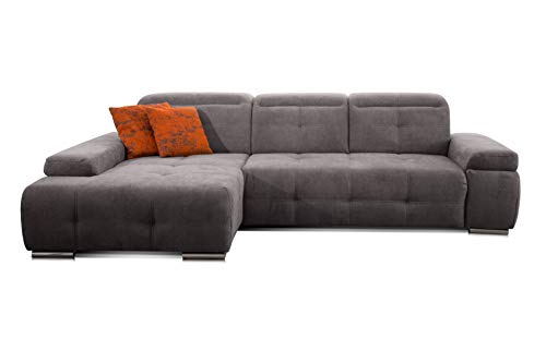 CAVADORE Schlafsofa Mistrel mit Longchair XL links / Große Eck-Couch im modernen Design / Mit Bettfunktion / Inkl. verstellbare Kopfteile / Wellenunterfederung / 273 x 77 x 173 cm(B x H x T) / Grau von CAVADORE