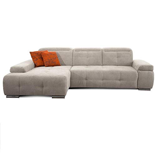 CAVADORE Schlafsofa Mistrel mit Longchair XL links / Große Eck-Couch im modernen Design / Mit Bettfunktion / Inkl. verstellbare Kopfteile / Wellenunterfederung / 273 x 77 x 173 / Kati Grau-Weiss von CAVADORE