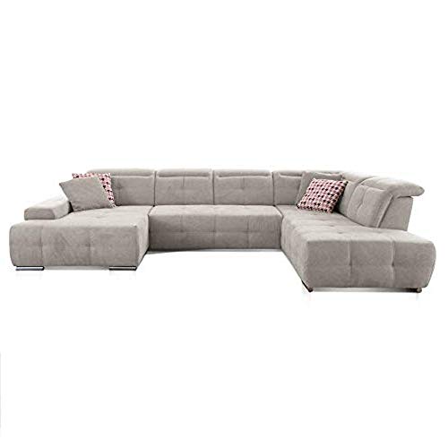 CAVADORE Wohnlandschaft Mistrel mit Ottomanen rechts / XXL-Sofa in U-Form / Inkl. Kopfteilverstellung / Couch mit aufwendiger Steppung / 343 x 77-93 x 228 / Kati Grau-Weiss von CAVADORE