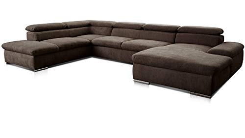 Cavadore Wohnlandschaft Alkatraz im modernen Design / U-Form mit Ottomane links und Longchair rechts / Inkl. Bettfunktion + Kopfteilverstellung / 350 x 73 x 226 / Braun von CAVADORE