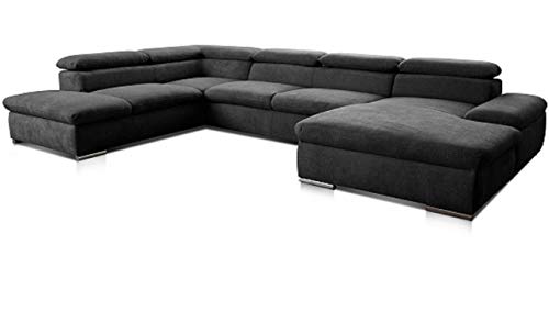 Cavadore Wohnlandschaft Alkatraz im modernen Design / U-Form mit Ottomane links und Longchair rechts / Inkl. Bettfunktion + Kopfteilverstellung / 350 x 73 x 226 / Schwarz von CAVADORE