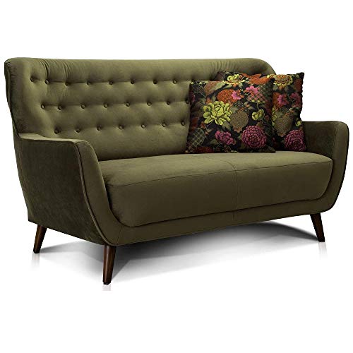 CAVADORE 2-Sitzer-Sofa Abby / Retro-Couch mit Samtbezug und Knopfheftung / 153 x 89 x 88 / Samtoptik, grün von CAVADORE