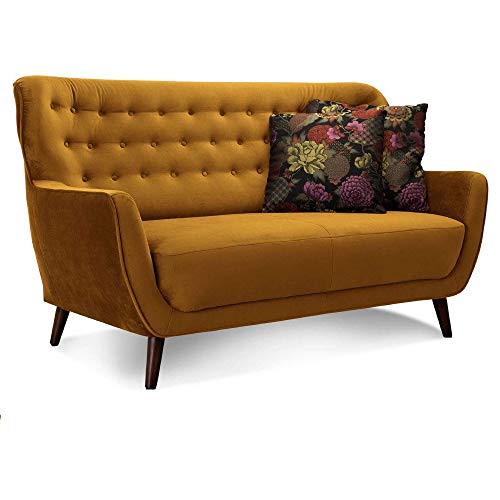CAVADORE 2-Sitzer-Sofa Abby / Retro-Couch mit Samtbezug und Knopfheftung / 153 x 89 x 88 / Samtoptik, gold von CAVADORE