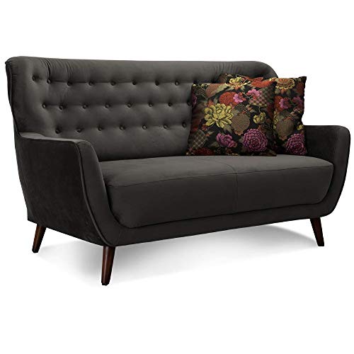 CAVADORE 2-Sitzer-Sofa Abby / Retro-Couch mit Samtbezug und Knopfheftung / 153 x 89 x 88 / Samtoptik, grau von CAVADORE