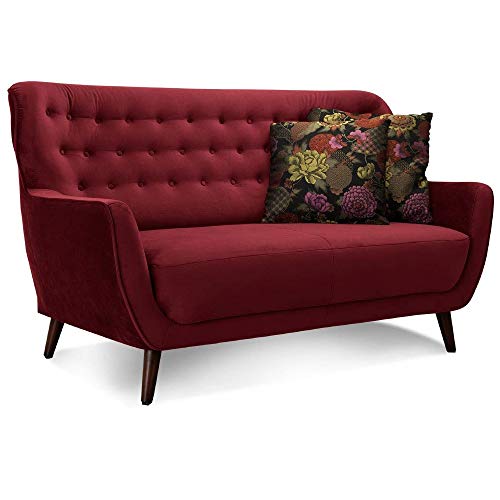 CAVADORE 2-Sitzer-Sofa Abby / Retro-Couch mit Samtbezug und Knopfheftung / 153 x 89 x 88 / Samtoptik, rot von CAVADORE
